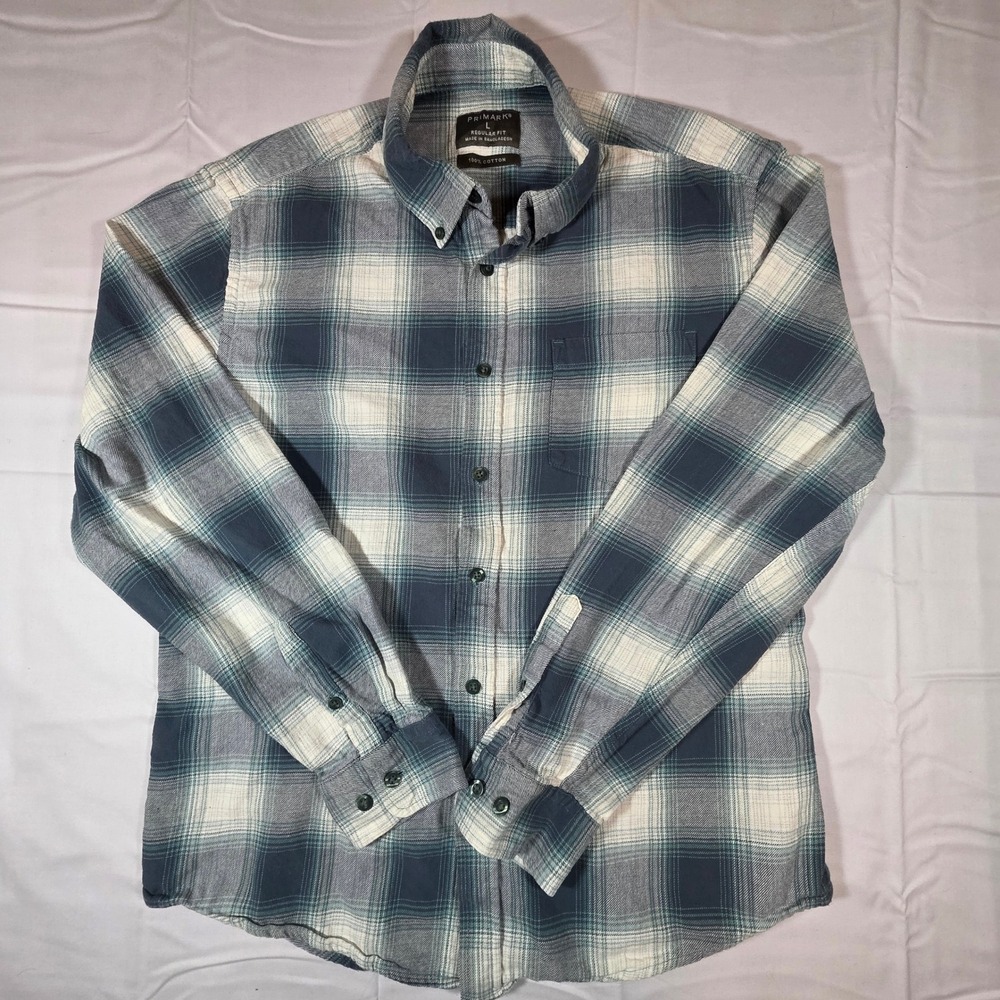Primark Mens Regular Fit Blue White Plaid Flannel Button Down Shirt Large